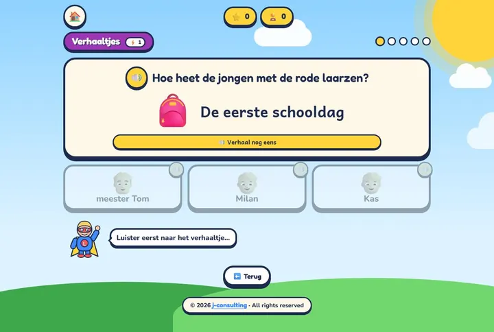 Verhaaltjes in de kleuterapp, met vragen over wie, wat, waar en waarom
