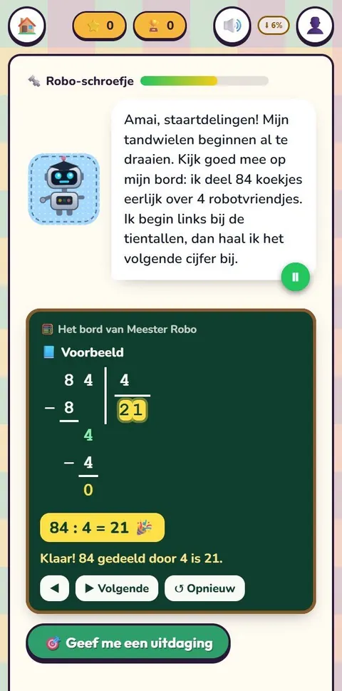 Het bord van Meester Robo: 84 gedeeld door 4 is 21, stap voor stap uitgewerkt